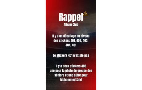 RAPPEL : Décalage des stickers de l'album club entre le numéro 401 et 405